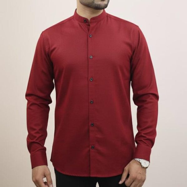 Band Collar Oxford Shirt - Maroon
